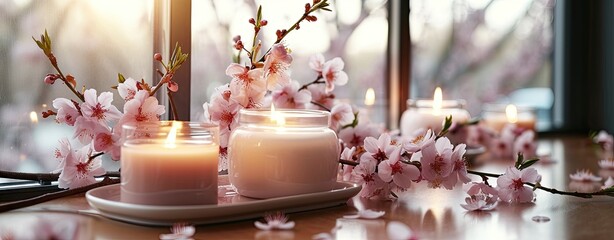 Scented candles and pale pink cherry blossom on table, window in background - Powered by Adobe