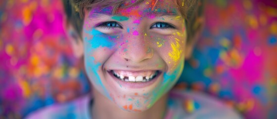 Portrait happy smiling teenager boy celebrating holi festival, colorful face, vibrant powder paint explosion