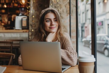 Fototapeta premium Beautiful woman is sitting at the cafe with a laptop, freelancer, remote work