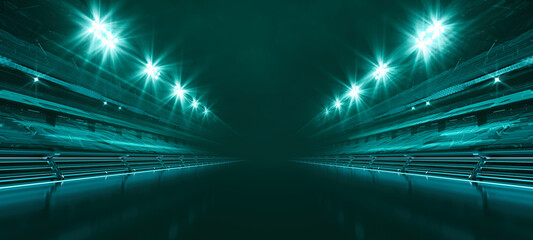 Empty futuristic racing track and illuminated stadium tribunes at night. Professional digital 3d illustration of racing sports. - obrazy, fototapety, plakaty