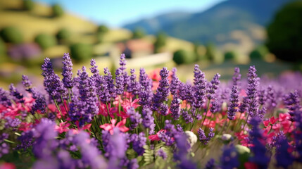 Blossoming Lavender and Wildflowers with Scenic Backdrop - Generative AI