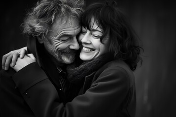 Happy couple in love, man and woman hugging, close-up. Black and white photo in retro style. Valentine's Day. Generated ai