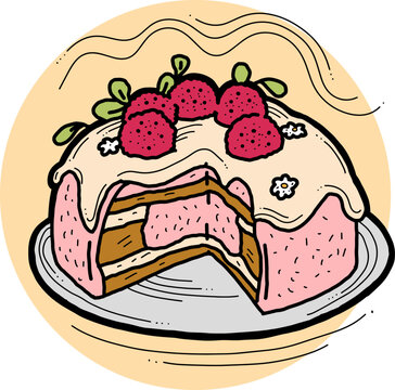 recommend clip art: Sweet dessert cake with fruits for celebration birthday party or wedding, tasty breakfast. For cafe, restaurant menu print, postcard or poster. Hand drawn illustration. Cartoon style line art drawing.