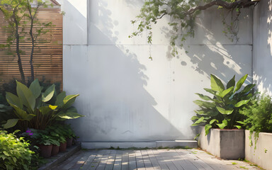 a garden with empty exterior concrete wall