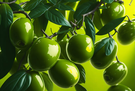 Fresh green olives Vibrant green Background and plump and glistening with Drops of oil catch the light