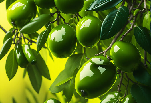 Fresh green olives Vibrant green Background and plump and glistening with Drops of oil catch the light