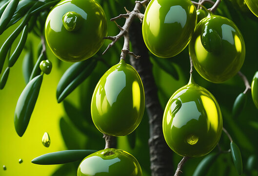Fresh green olives Vibrant green Background and plump and glistening with Drops of oil catch the light