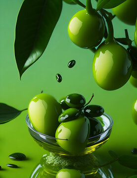 Fresh green olives Vibrant green Background and plump and glistening with Drops of oil catch the light