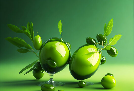 Fresh green olives Vibrant green Background and plump and glistening with Drops of oil catch the light