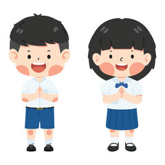 Cute student greeting sawasdee set