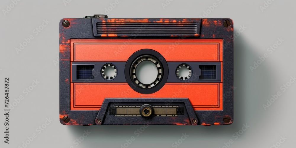Poster a detailed shot of a cassette player mounted on a wall. perfect for retro-themed designs or music-re