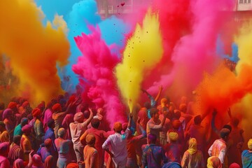 Obraz na płótnie Canvas Holi festival a lot of happy people vivid colors