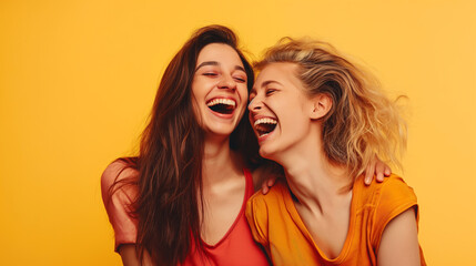 Duas mulheres jovens rindo juntas isoladas no fundo amarelo - obrazy, fototapety, plakaty