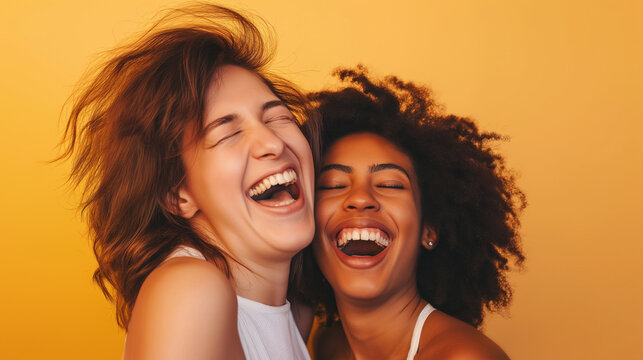 Duas mulheres jovens rindo juntas isoladas no fundo amarelo