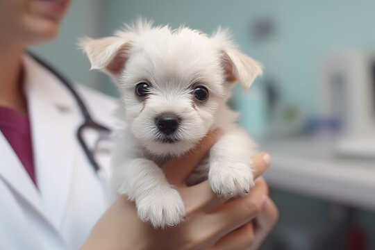 Veterinarian examining a cute puppy dog, check the body with a veterinarian. Puppy at the vet, veterinary concept.