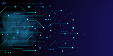 Vector abstract technology illustration Circuit board on dark blue background. High tech circuit board connection system concept.