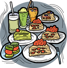 Sweet dessert cake with fruits for celebration birthday party or wedding, tasty breakfast. For cafe, restaurant menu print, postcard or poster. Hand drawn illustration. Cartoon style line art drawing.