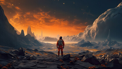 Astronaut Observing a Mysterious Planet Surface - Generative AI