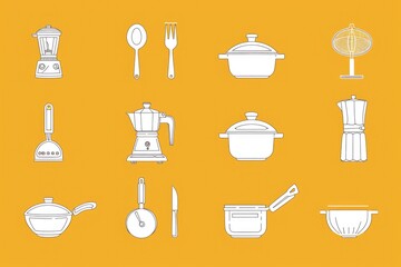 A collection of kitchen utensils displayed on a vibrant yellow background. Perfect for showcasing culinary tools and equipment.