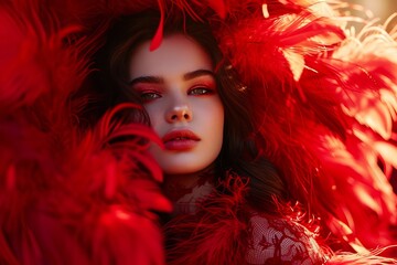 Fashion portrait of a beautiful girl surrounded by red feathers