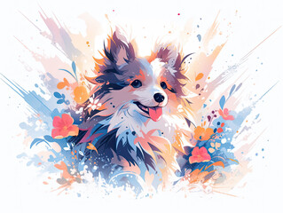 Happy Puppy Amidst Floral Splashes of Color - Generative AI