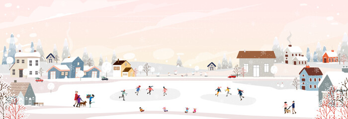 Christmas Background,Winter landscape in city with family celebration at night on Christmas eve holiday,Vector Village with house happy people playing ice skates in nature park,Cute cartoon for card - obrazy, fototapety, plakaty