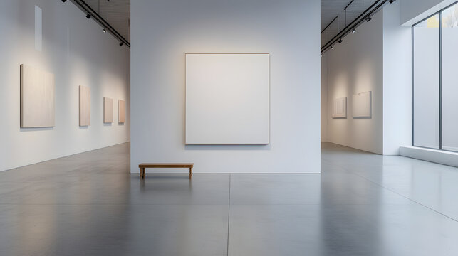 Image of an empty gallery space with a single blank canvas on the wall