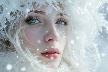 Close-up portrait of blonde woman, flying snowflakes, winter