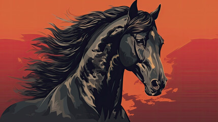 Abstract Portrait of a Black Horse on a Red and Orange Background - Generative AI - obrazy, fototapety, plakaty