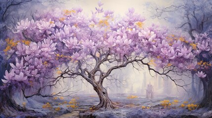 Obraz na płótnie Canvas purple yellow woodland flower, richly detailed backgrounds,mystical landscape
