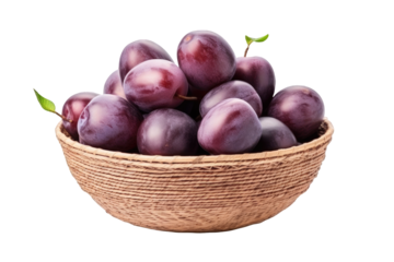 Wicker bowl with plums isolated on a cutout PNG transparent background