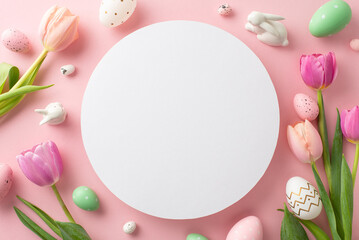 Seasonal Elegance: Dive into the Easter season with this charming top view. Color-popping eggs, bunnies, and tulips on a pastel pink canvas set the stage. Personalize the empty circle for your text