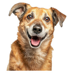 Studio headshot portrait of fawn colored senior mixed breed dog smiling - obrazy, fototapety, plakaty