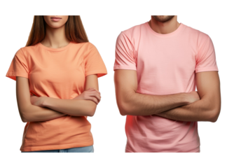 Photo below belt of cheerful people of exotic appearance brunette with her arms crossed dressed in carrot-colored T-shirt tucked in jeans. guy in peach t-shirt.