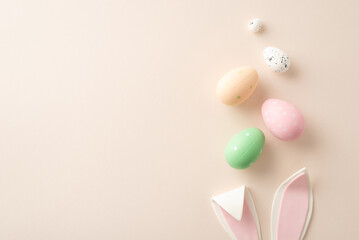 Joyful holiday gathering lover scene. High-angle top view of lively eggs gliding over hidden bunny ears against a muted beige background, with a vacant area for text or advertising