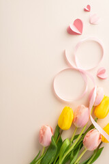 Celebratory elegance: vertical top view of beautiful array of tulips, hearts, and ribbon, arranged to symbolize a "8" on a subtle beige background, leaving space for your loving words