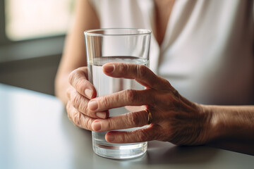 Close-up of wrinkled female hands holding a glass of water on a table at home.