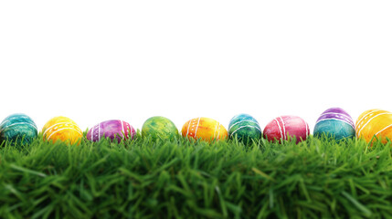 Colourful Easter eggs on green fresh grass on white background. Easter background with space for text