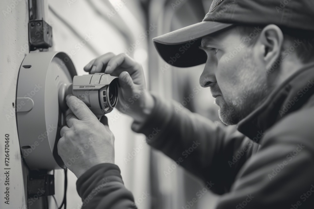 Poster a man wearing a cap is fixing a light switch. this image can be used to illustrate electrical repair