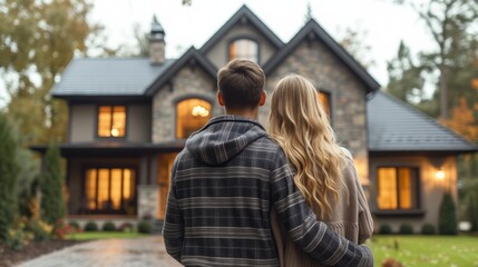Fototapeta premium Rear view of young couple looking at their new house 