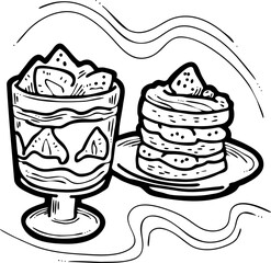 Sweet dessert cake with fruits for celebration birthday party or wedding, tasty breakfast. For cafe, restaurant menu print, postcard or poster. Hand drawn illustration. Cartoon style line art drawing.