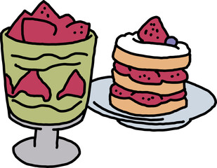 Sweet dessert cake with fruits for celebration birthday party or wedding, tasty breakfast. For cafe, restaurant menu print, postcard or poster. Hand drawn illustration. Cartoon style line art drawing.