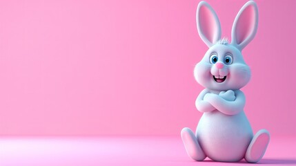 Cute White Easter Bunny sitting and arms crossed with copy space on a pastel pink background.