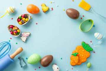 Easter-themed confectionery display. Top view of table adorned with baking tools—whisk,...