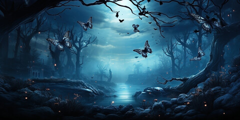 Dark fairytale fantasy forest with blue fog and butterflies