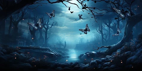 Crédence de cuisine en verre imprimé Forêt des fées Dark fairytale fantasy forest with blue fog and butterflies