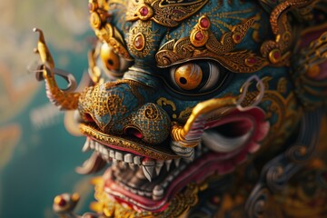 Fototapeta premium A detailed view of a dragon statue. Ideal for fantasy-themed designs or as a symbol of power and strength