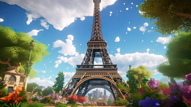 Eiffel Tower Amidst Blossoming Flowers - Generative AI