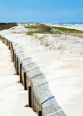 Fototapeta na wymiar A view of the Atlantic coast at Anastasia State Park near St. Augustine, Florida. The image includes a long wooden fence casting sharp shadows on the sand, the dunes, waves, and a blue sky above.