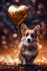 Cute corgi with a golden heart balloon on bokeh background. With a text Love. For Valentine's Day celebration. Romantic holiday and pet concept. Funny animal for wallpaper, poster, card